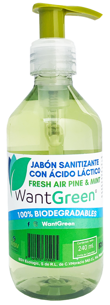 JABÓN SANITIZANTE CON ACIDO LÁCTICO AROMA PINO Y MENTA 240 mls.